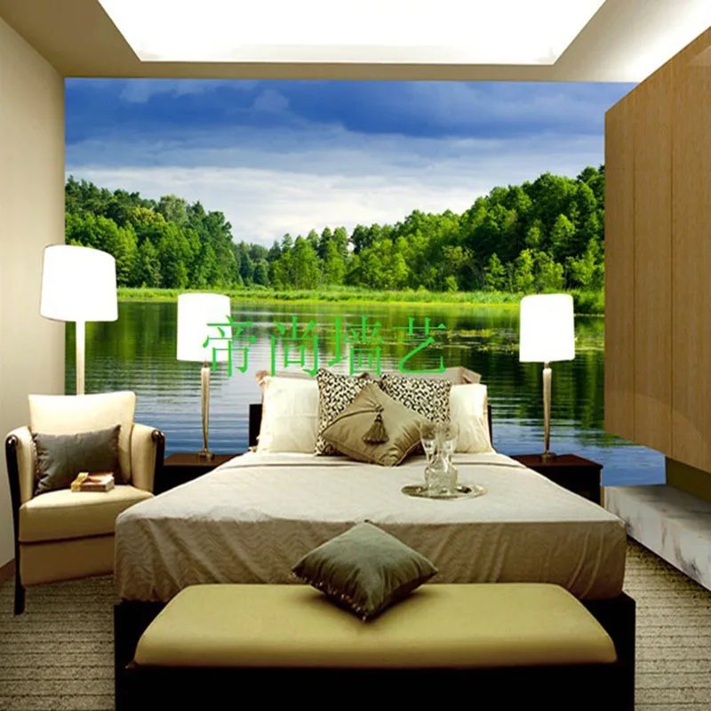 

Customized mural large 3D scenery with waterfall mountain boat behind TV sofa as background in living room bedroom
