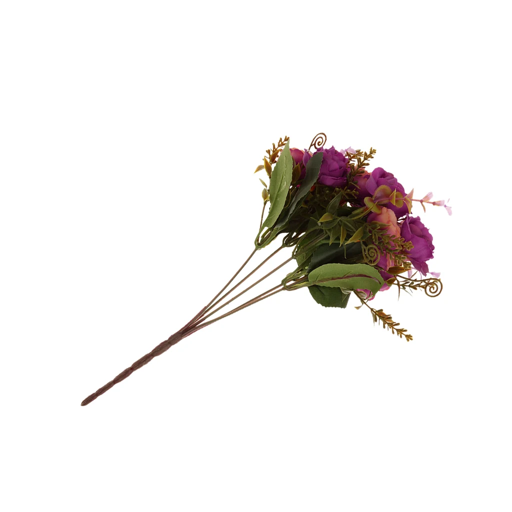 2 Bunches Artificial Roses Silk Flowers Home Garden DIY Decor-Purplish Red