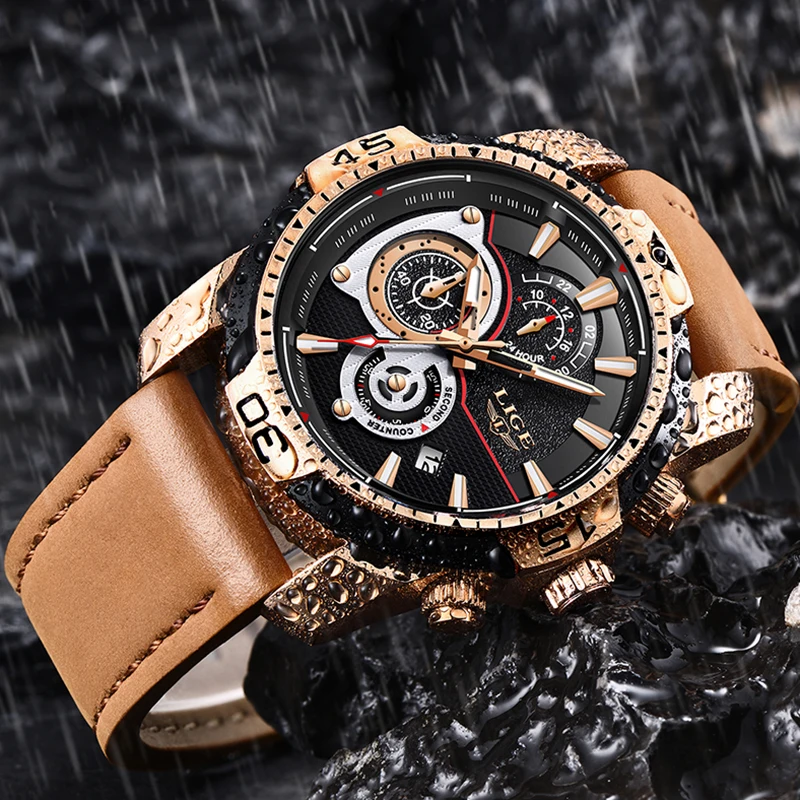LIGE Mens Watches Top Brand Luxury Casual Leather Quartz Clock Male Sport Waterproof Watch Gift Gold Watch Men Relogio Masculino