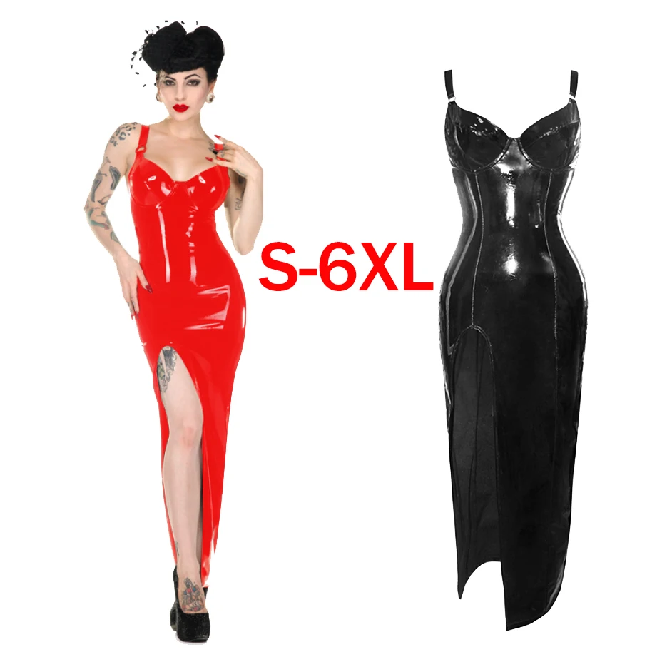 

Plus Size 4XL 5XL 6XL PVC Bondage Leather Dresses Sexy Straps High Split Sheath Long Maxi Dress Women Black Red Club Wear Dress