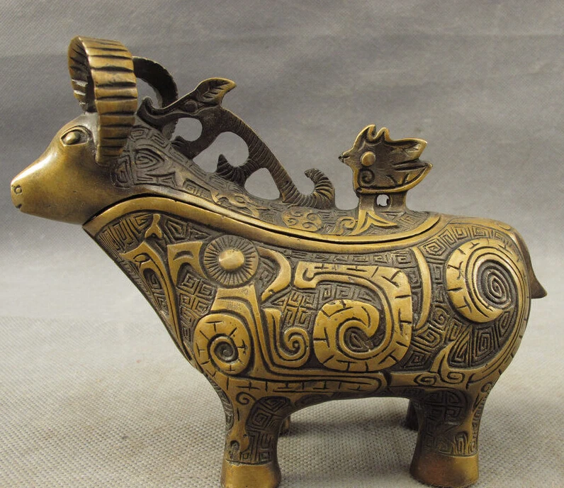 

Folk Chinese Bronze Carved Animals Goat Sheep Zun Statue Incense Burner Censer