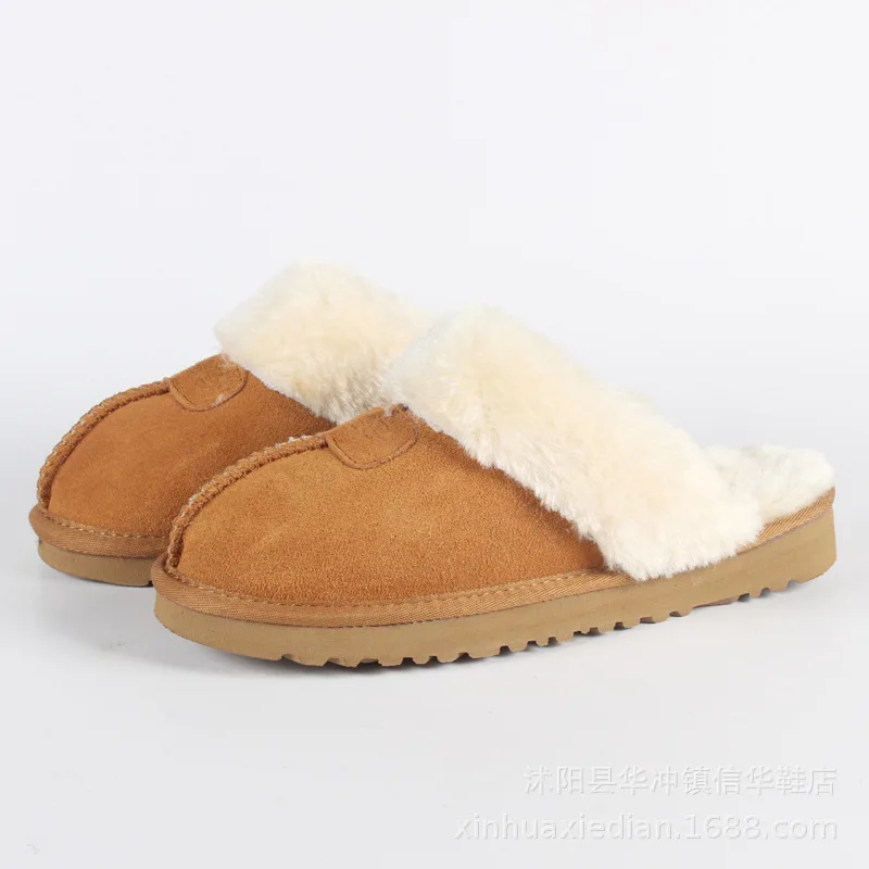 

Plus Size 34-45 Slippers 100% Real Leather Women's Winter Fur Slides Sewing Flat Shoes Australia Winter Warm Home Shoes slippers