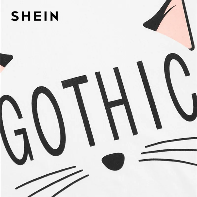 Buy SHEIN Cat Print Tshirt And Heart Elastic Waist Shorts Casual Sleepwear Women Summer Cute Round Neck Short Sleeve Pajama Set
