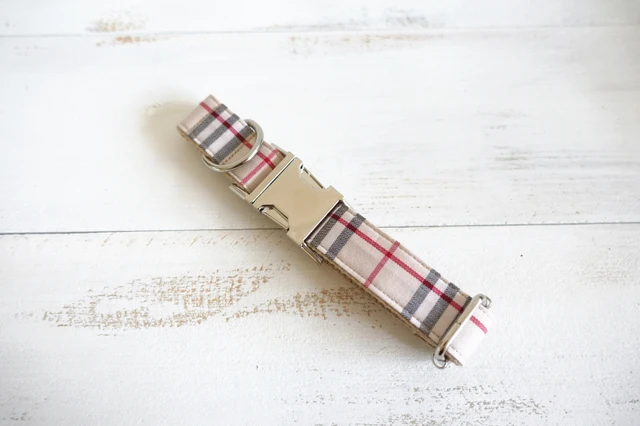 Unique Personalized Pet ID Collar Fancy Dog Collar with Silver Metal Buckle Small Medium Large Dog Breed THE KHAKI PLAID Style