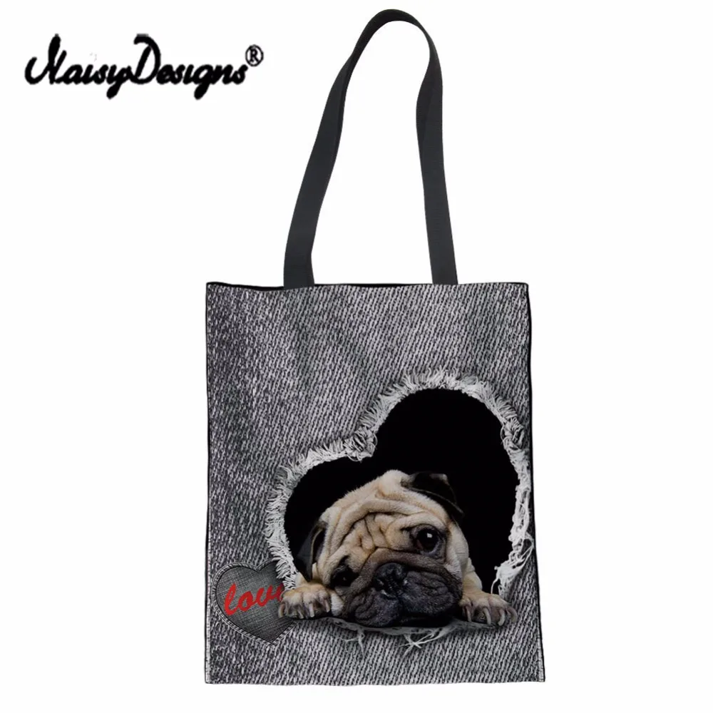 

NoisyDesigns Cute Pug Print Women Canvas Shopping Bag Denim Jeans Cotton Draw String Bags Girls Shoulder Bag Daily Use Handbag