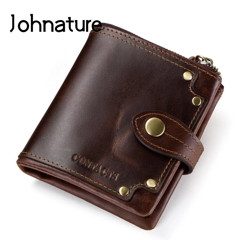

Johnature 2020 New Crazy Horse Leather Man Wallet High Quality Rivet Tri-fold Short Genuine Leather Wallet Card Holder Purses