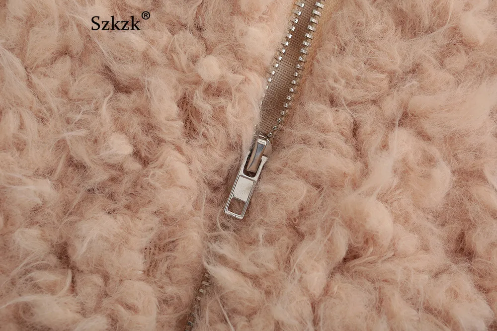 Szkzk искусственный мех короткое пальто осенне зимняя Дамская обувь модная уличная молния V образным вырезом с длинным рукавом Теплый плюш