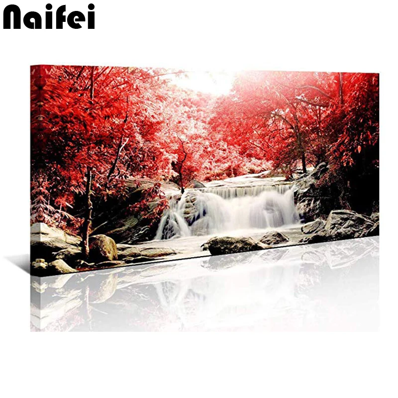 

DIY full square Diamond Large Waterfall Red Tree Wall Art for Living Room Wildlife Landscape Picture Artwork for Home Decoration