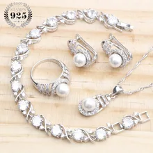 Жемчужные свадебные ювелирные наборы 925 пробы серебряные ювелирные изделия для женщин CZ жемчуг серьги браслеты, подвесные колье кольца набор подарочная коробка
