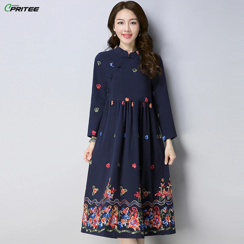 Spring New Long Sleeve Embroidery Large Size Vintage Dress Ethnic Elegant Literature Midi Female Brief Vestido De Festa | Женская одежда