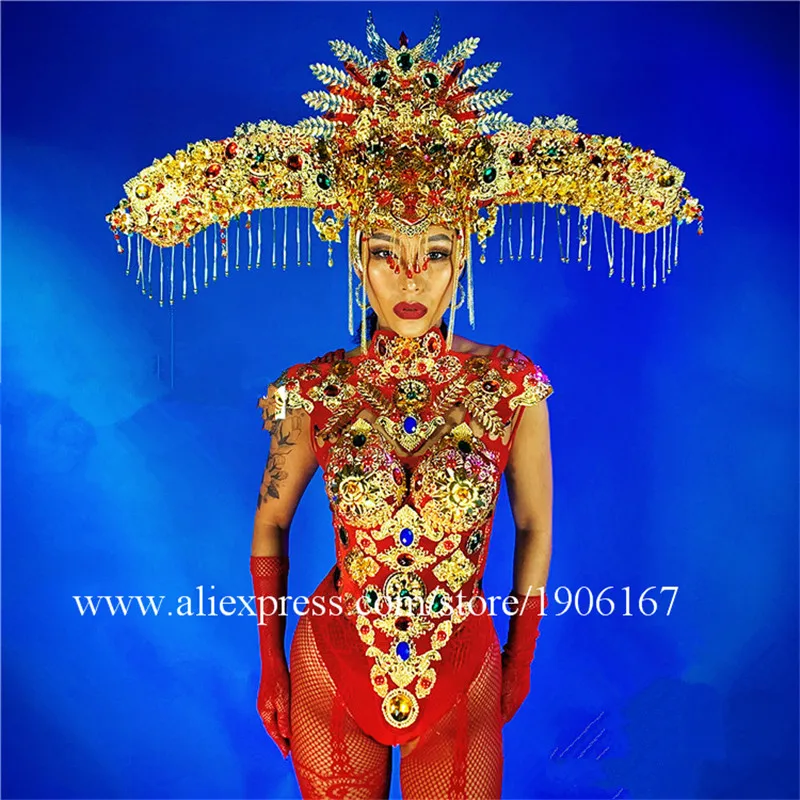 Chinese Style Red Ballroom Dance Costumes Outfit Bar Stage Show Catwalk Performance Clothes New Year Party Dress With Headwear | Дом и сад