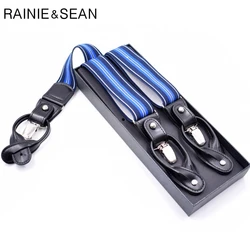 RAINIE SEAN Mens Braces For Trousers Blue Striped Suspenders Men Vintage Clips Button Y Back Femlae Male Suspender Belt RAINIE SEAN Mens Braces For Trousers Blue Striped Suspenders Men Vintage Clips Button Y Back Femlae Male Suspender Belt