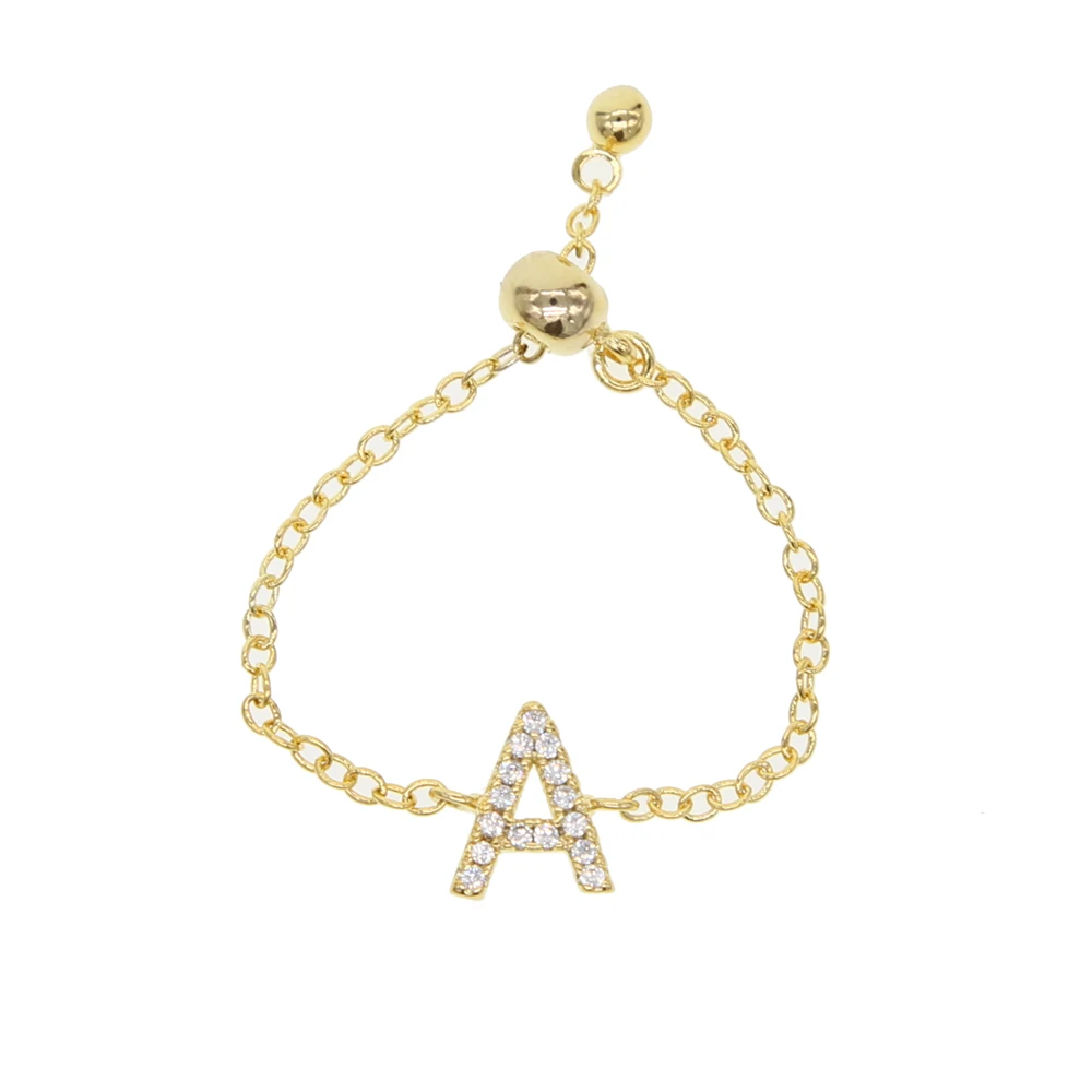 

2019 New style adjust chain design pave cz 26 letters A-Z simple ring minimal cute women ladies customize name personalized ring