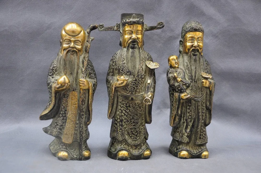 

8'' China Folk 3 God Fu Lu Shou Mammon Luck Wealth Baby Bronze Statue