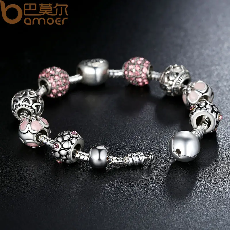 Bamoer Antique Silver Charm Bracelet Bangle With Love And Flower Bamoer Antique Silver Charm Bracelet