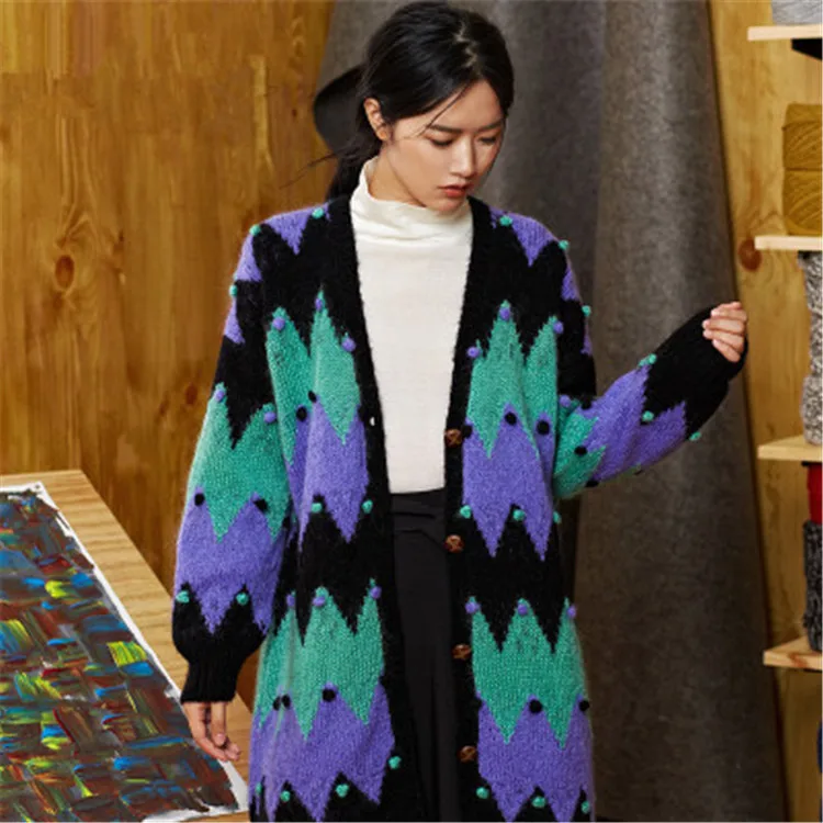 Новая мода ручная работа шерсть Vneck вязаный женский контрастный цвет полосатый свободный длинный кардиган свитер один и более размер