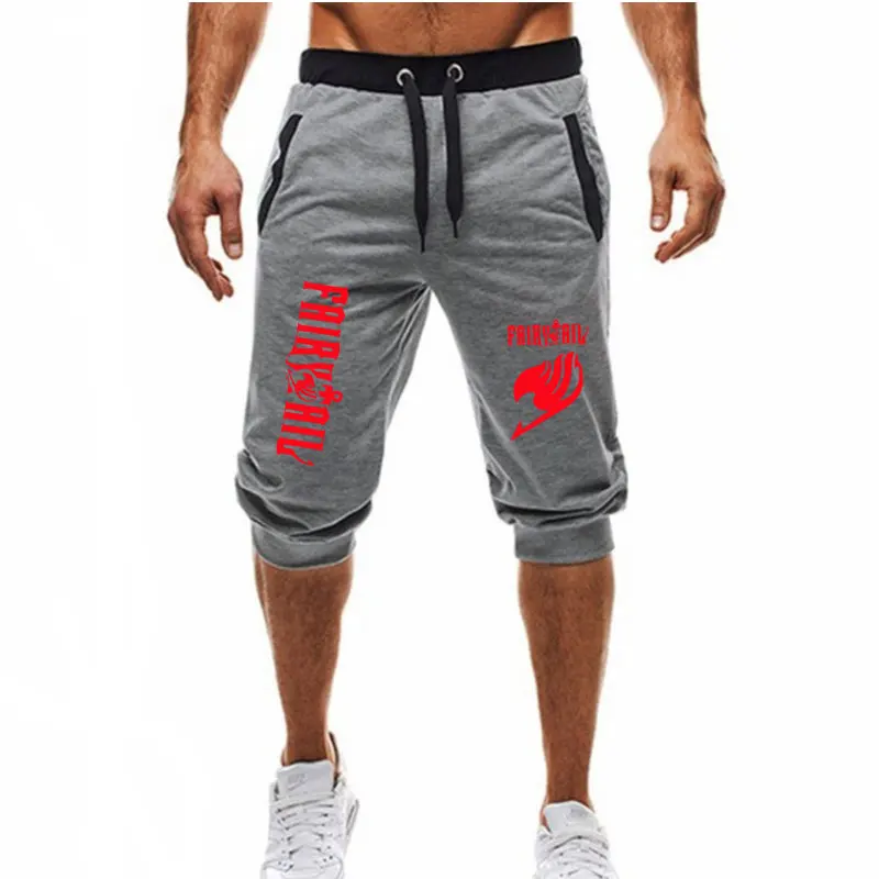 Мужские шорты с принтом «Хвост Феи», длина до икры, для фитнеса, бодибилдинга, повседневные шорты для бега, Брендовые спортивные короткие штаны, спортивные штаны - Цвет: light gray red