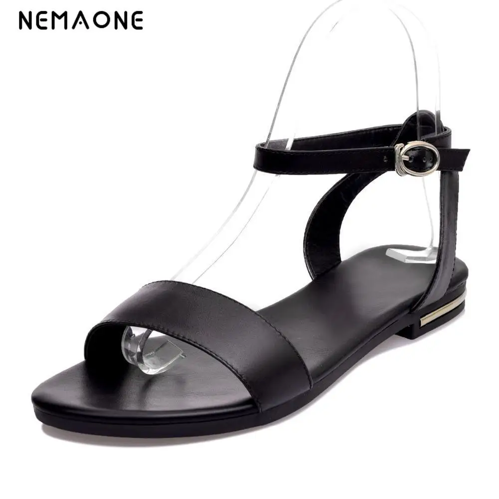 Nemaone 100% натуральной Летние сандалии на плоской подошве модная женская обувь Большие размеры 34–43