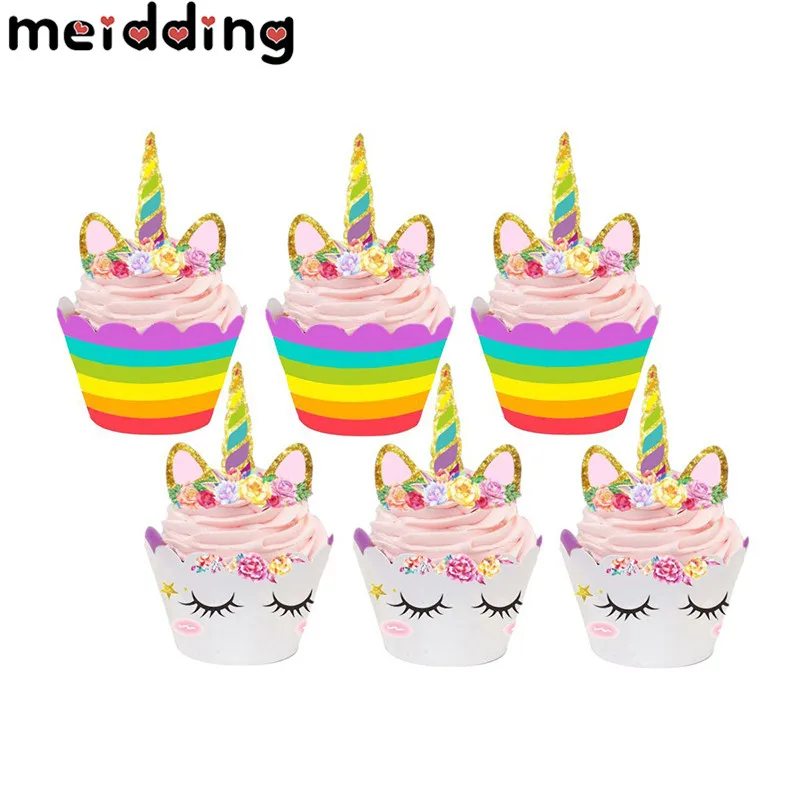 

MEIDDING Birthday Party Cake Topper 12Pcs Unicorn Theme Cake Toppers+12Pcs Cupcake Wrappers Unicorn Party Supplies Party Decor