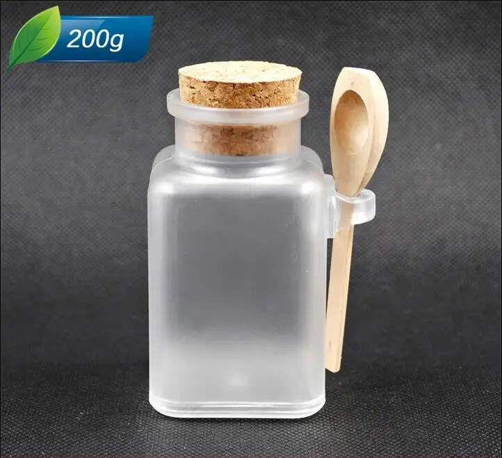 

Free Shipping 200g/ml Frosted Plastic Empty Quadrate Bottle With Wood Lid Bath Salt Small Powder Empty CosmEtic Containers