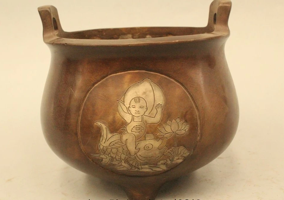 

5" China Chinese Dynasty Palace Bronze Lucky Boy Sit carp Incense Burner Censer