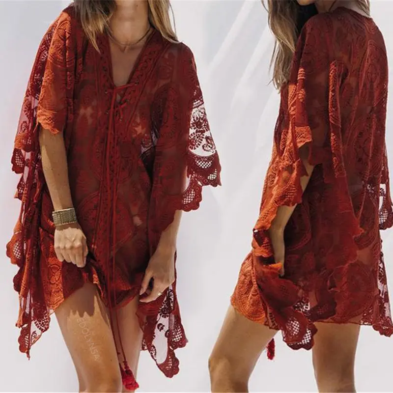 

2019 Lace Beach Pareo Beachwear Swim suit Cover up Playa Pareo Tunics for Beach Tunic Swimwear Women Lace Beach Dress #Q878