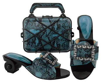 

Nice blue design strange heel slipper shoes with handbag set with stones GL02,heel height 6.5cm