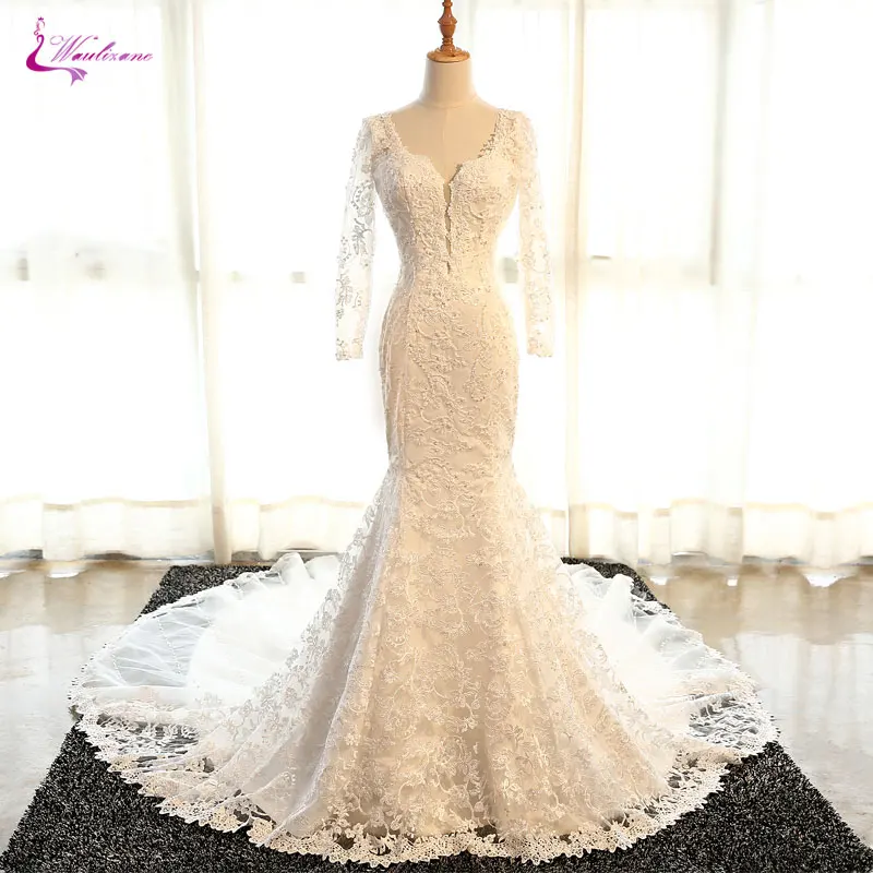 

Waulizane Glamorous V-Neck Full Sleeve Mermaid Wedding Dresses Plus Size Sparkly Crystal Beaded Pearl Lace Backless Gowns