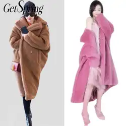 Женское зимнее пальто GETSPRING, розовое, из искусственного меха, длинное пальто из искусственного меха, утепленное зимнее пальто, женские