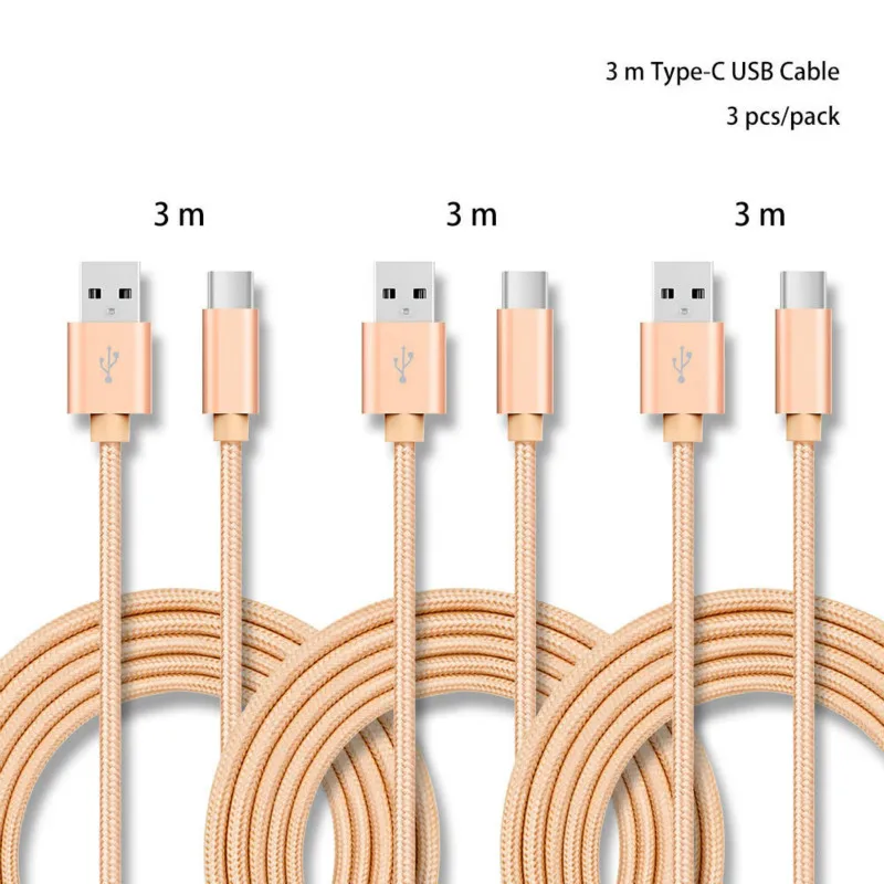 Золото 3 м 3 шт./упак. 5 V 2.4A USB C для передачи данных в нейлоновой Зарядное устройство кабель для samsung S10/LG G6/huawei mate 20/xiao Mi 8/OPPO R17/vivo NEX кабель