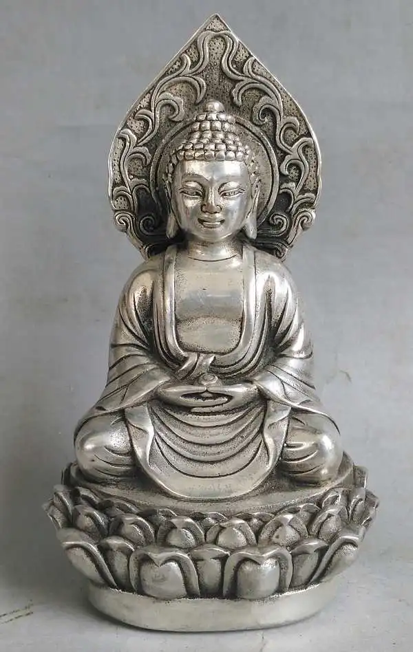 

wang67111618+++5.5" Old Tibet Tibetan Silver Amitabha Buddha Statue
