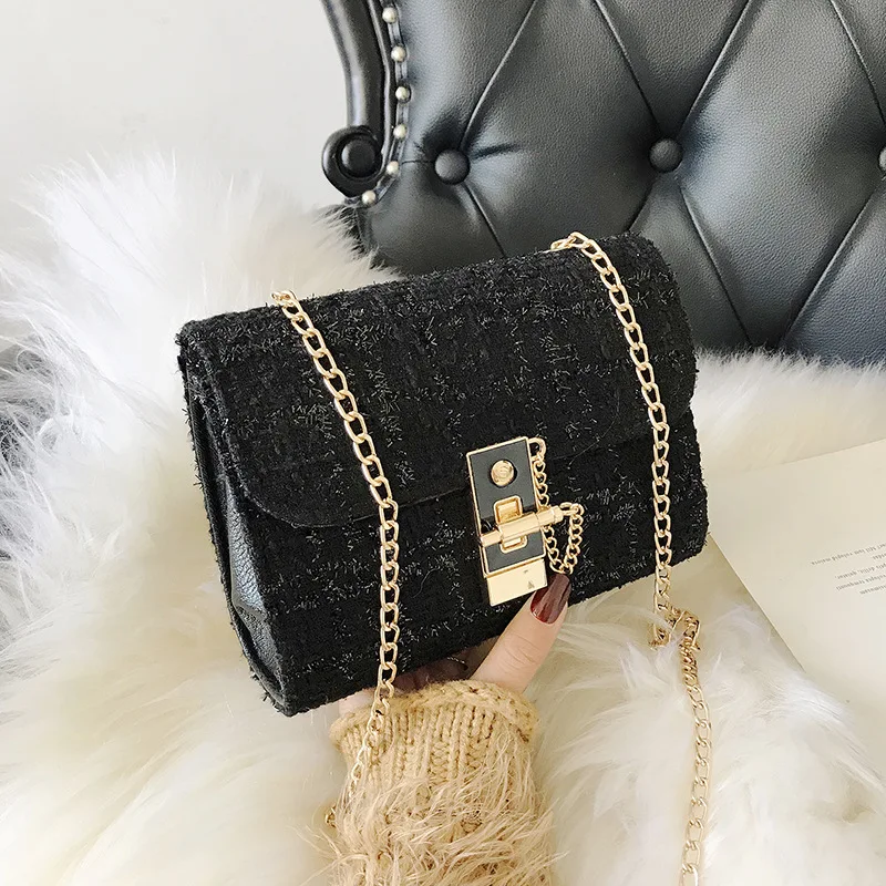 

INS New Women Fashion Chain Flap Bag Linen Tweed Plaid Shiny Thread Small Shoulder Bags for Girls Female bolso mujer