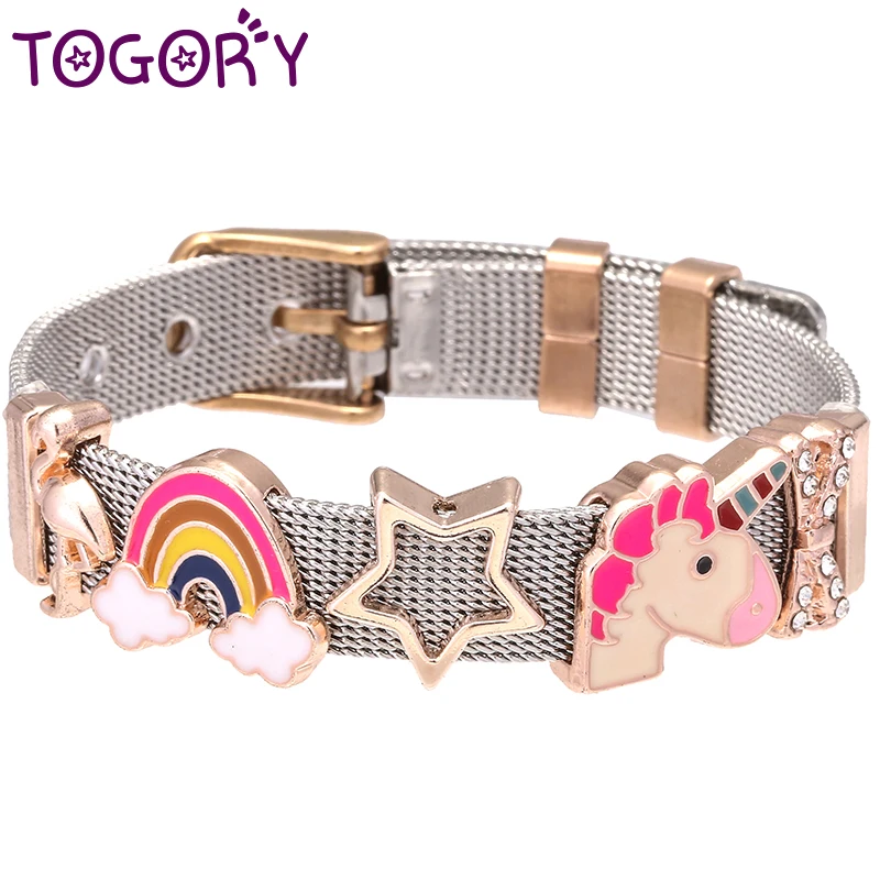 

Newest Two-Tone Stainless Steel Mesh Bracelet Bangles With Rainbow Unicorn Star Keeper Charm Fine Bracelets For Women Jewelry