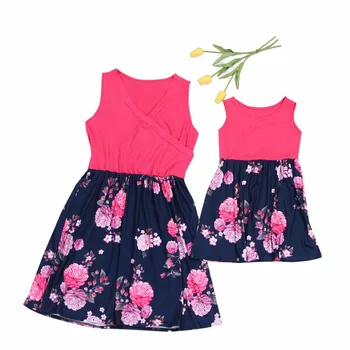 

Family Matching Outfits new Mother daughter dresses Beach Dresses mommy me girl clothes Print Bottom Vest Dress Flower dress