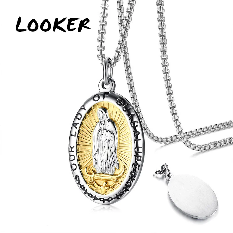 

LOOKER Our Lady of Guadalupe Virgin Mary Pendant Necklace in Stainless Steel Medal for Men Women Jewelry Gift 24 inch