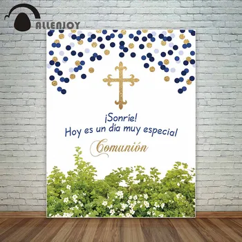 

Allenjoy communion backdrop Golden cross with shiny dots with flowers and leaves photocall fund photo studio backdrop