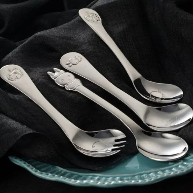 

Baby Feeding Spoon Fork Cartoon Monkey Rabbit Handle Children Eating Training Tableware Kids Toddler Dishes Dinnerware Accessory