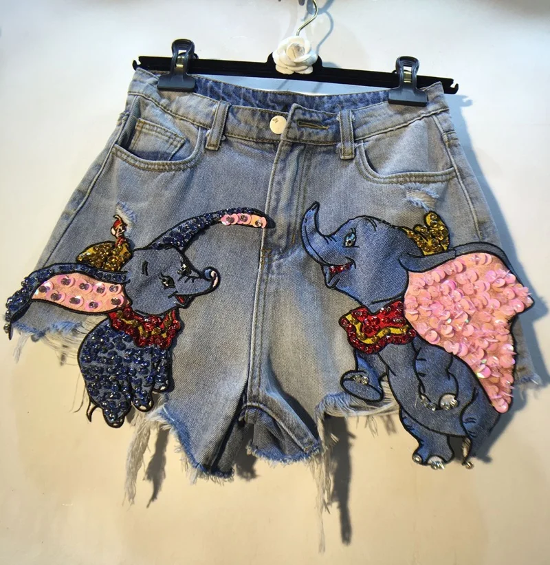 Cakucool New Summer Denim Shorts Heavy Beading Elephant Shiny Chic Shorts Empire Ripped Holes Slim High Waist Shorts Female