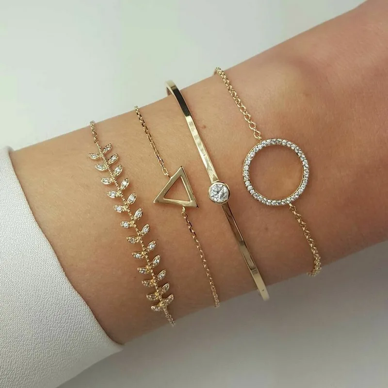 

Charming Women's Bohemian Bracelet Sets Crystal Triangle Circle Leaf Chain Gold Bracelet Set Beach Party Wedding Jewelry Gifts