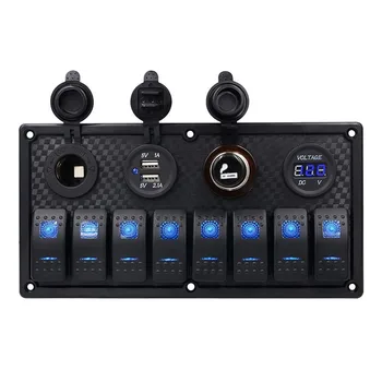 

AUTO -Boat Marine Rocker Switch Panel 8 Gang Waterproof ON Off Toggle Switches with Digital Voltage Display 3.1A Dual USB Powe