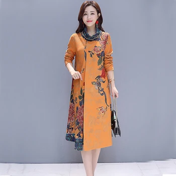 

Orange midi dress plus size long sleeve warm Chinese vintage print robe dresses pocket turtleneck winter fall elegnat clothing