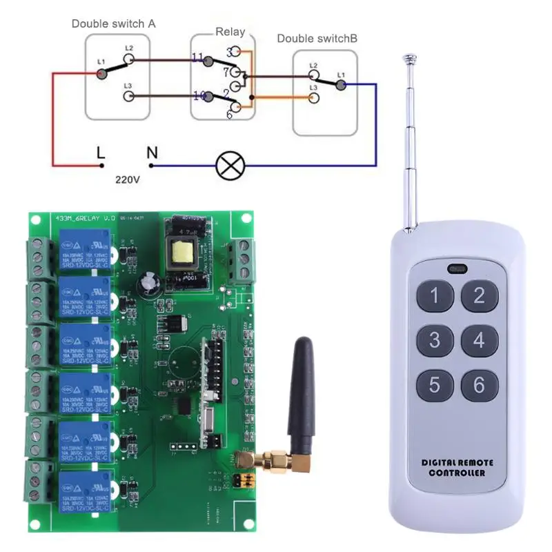 110-240V релейный модуль доска 6 канальный РЧ релейная плата с пультом дистанционного управления Управление переключатель для управления воротами/windows с вышивкой закрытых стежков/промышленная Управление
