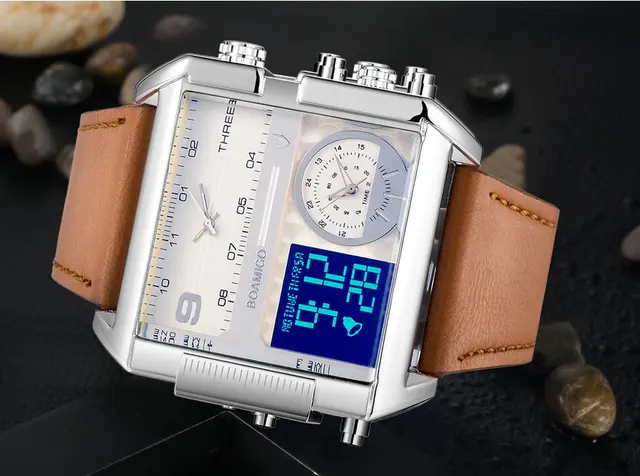 BOAMIGO brand men sports watches 3 time zone big man fashion