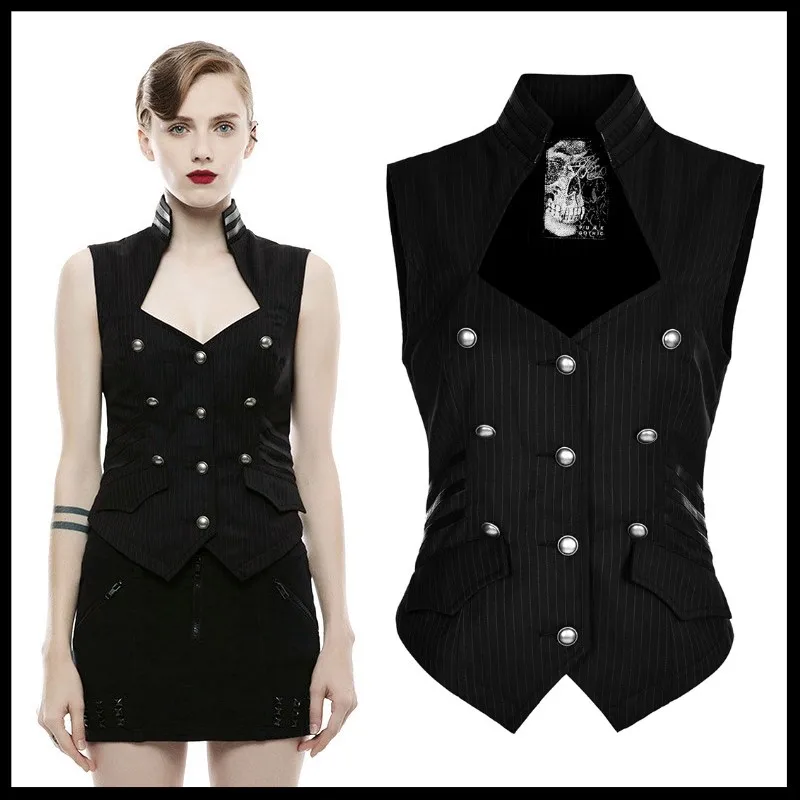 PUNK RAVE Women Vintage Military Uniform Blouse Steampunk Gothic Striped Woven Sleeveless Vest Party Formal Tops Shirt | Женская одежда