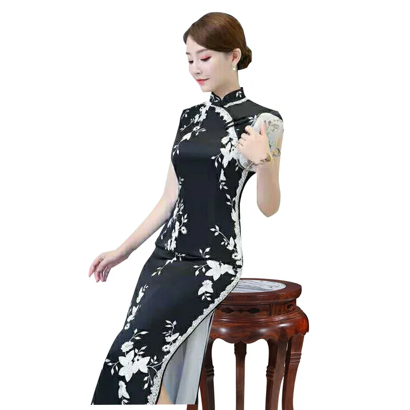 

Black Vintage Chinese Style Qipao Long Handmade Button Cheongsam Dress Women's Mandarin Collar Traditional Dress Size M -3XL