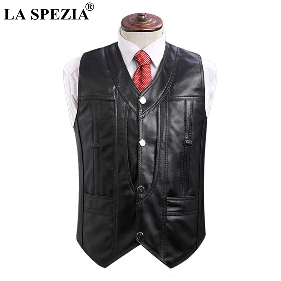 LA SPEZIA Leather Vest Men Black Formal Waistcoat Male Real Leather Slim Fit Pocket Vintage Autumn Brand Sleeveless Jacket 2019