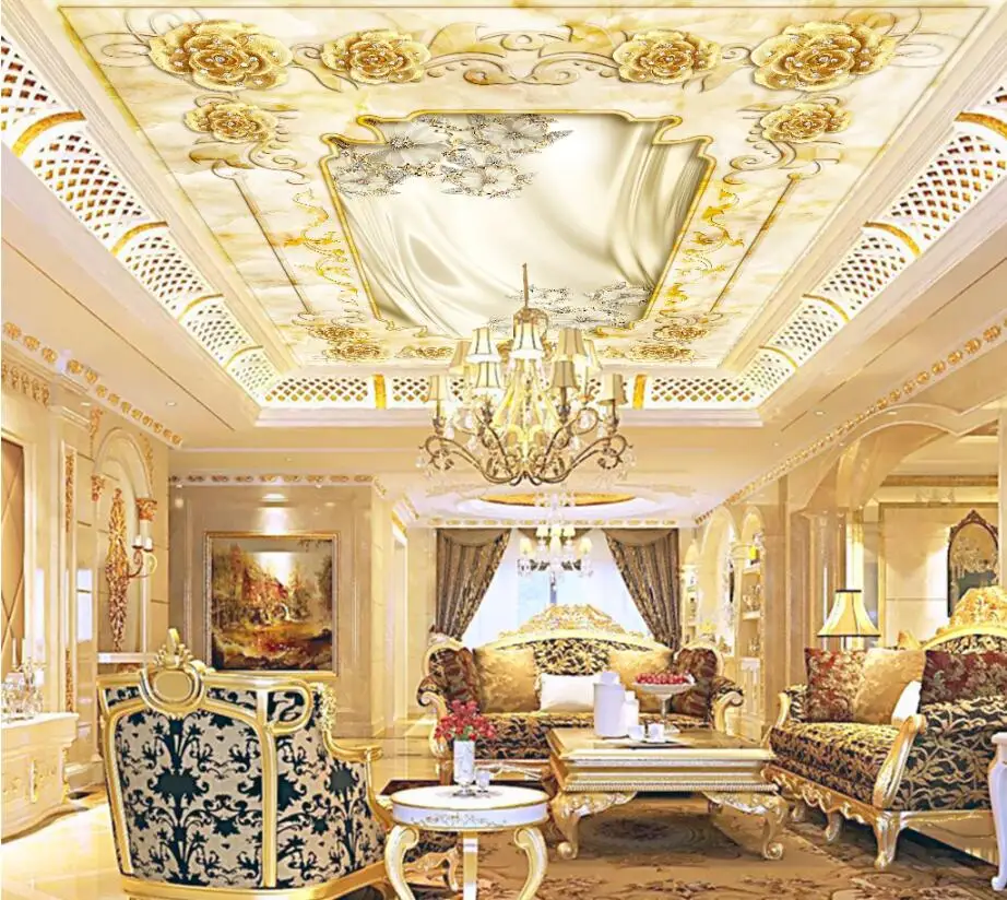 

Custom Any Size 3D Stereo golden rose Ceiling Murals Wallpaper Living Room Wall Papers Home Decor Modern Wall Painting