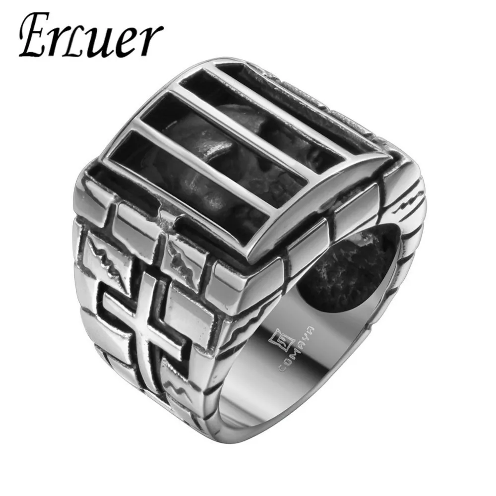 ERLUER Male Gothic Punk Skull Cross Patter Stainless Steel Vintage Trendy Crystal Zircon Rings Boys Rock Hiphop Jewelry Men Ring