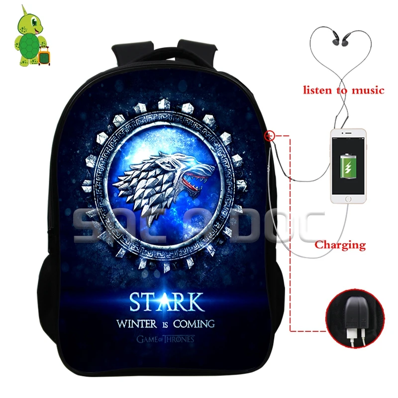 

Hot Game of Thrones House Stark Backpack USB Charge Headphone Jack Bags Multifunction College Students School Travel Bags