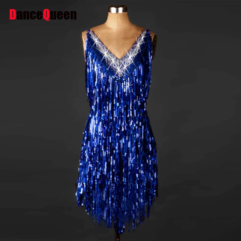 

2019 Adult Lady Latin Dance Dress Royal Organza Sequin Tassel Ballroom Dancing Jazz Dance Costumes Tango Costume Samba Women